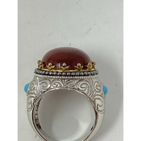 Sterling Silver 925 Brown Amber Stone Dome Ring Size 8 Turquoise Embellishment - Picture 6 of 8